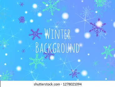 Holiday Background with Cute Snowflakes and Shiny Lights. Festive Background for Christmas Decoration, Banner, Poster. Vertical A4 Vector Background.