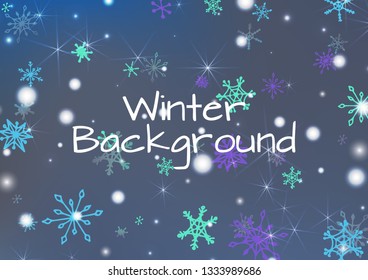 Holiday Background with Cute Snowflakes and Shiny Lights. Festive Background for Christmas Decoration, Brochure, Card. Vertical A4 Vector Background.