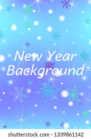 Holiday Background with Cute Snowflakes and Shiny Lights. Festive Background for Christmas Decoration, Banner, Card. Vertical A4 Vector Background.