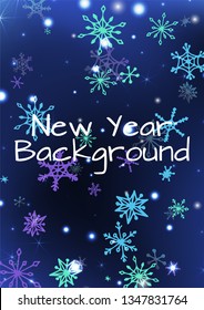Holiday Background with Cute Snowflakes and Shiny Lights. Festive Background for Christmas Decoration, Print, Poster. Vertical A4 Vector Background.