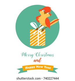 Holiday background with decorative cute bird and gift for Christmas or New Year 