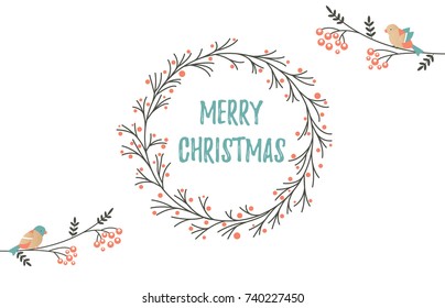 Holiday background with decorative wreath and birds for Christmas or New Year 