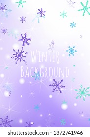 Holiday Background with Delicate Snowflakes and Shiny Lights. Festive Background for Christmas Decoration, Textile, Paper. Vertical A4 Vector Background.