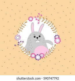 Holiday background with easter bunny and floral wreath. Vector illustration.