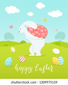 Holiday background with Easter eggs. Lettering Happy Easter and rabbit with big painted egg, illustration.