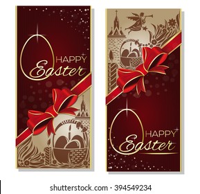 Holiday Background for Easter with red ribbon, bow, a basket with Easter eggs, silhouette of an angel and the church. Gift card. Happy Easter. Easter greeting card. Vector flyer template for Easter