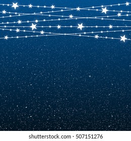 Holiday background with falling white snow and glowing star garland. Merry Christmas and New Year banner, poster, card. Festive festoon with fall snowflake on blue winter sky.