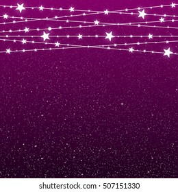 Holiday background with falling white snow and glowing star garland. Merry Christmas and New Year banner, poster, card. Festive festoon with fall snowflake on purple winter sky.