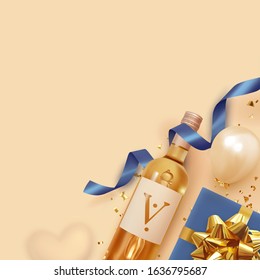 Holiday Background. Festive romantic composition with realistic design objects, gift box, helium balloons, white bottle of alcoholic wine, blue ribbon. Flat top view. Decorative elements to celebrate.