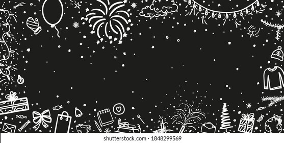 Fondo de vacaciones. Marco de Navidad festiva. Dibujaron a mano elementos de navidad. Resumen de signos y objetos de vacaciones. Ilustración en blanco y negro