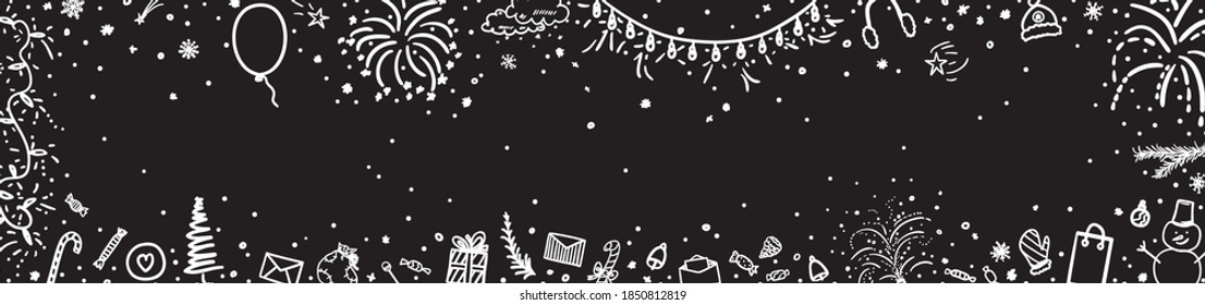 Fondo de vacaciones. Marco de Navidad festiva. Dibujaron a mano elementos de navidad. Resumen de signos y objetos de vacaciones. Ilustración en blanco y negro