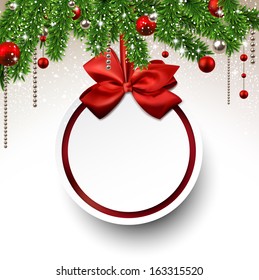 Holiday background with fir twigs and paper christmas ball. Vector illustration.