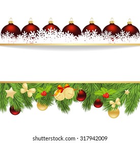 Holiday background with fir twigs and paper christmas balls. Vector illustration