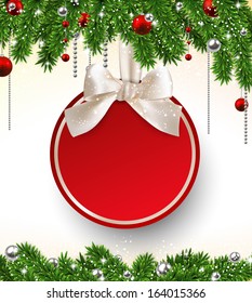 Holiday background with fir twigs and red paper christmas ball. Vector illustration. 