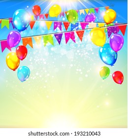 Holiday background with flags and balloons. Vector illustration