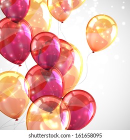 holiday background with flying multicolored balloons and sparkles