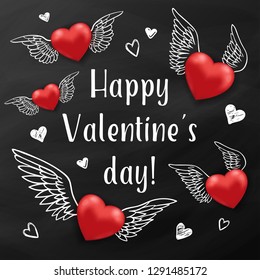 Holiday background with flying red hearts on a black chalkboard. Greeting card for Saint Valentine's day. Vector illustration.