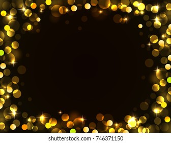 Holiday background with frame of back golden light, bokeh background with copy space. Possible to create holiday cards or banner.