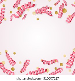 Holiday background with frame made of pink paper serpentine streamers and golden metallic confetti 