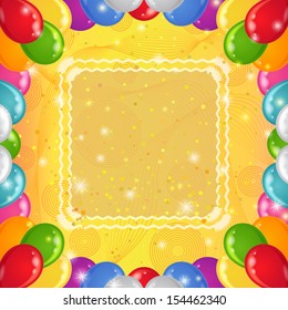 Holiday background with frame of various color balloons, curve lines, circles and stars. Eps10, contains transparencies. Vector
