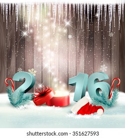 Holiday background with a gift box and 2016. Vector. 