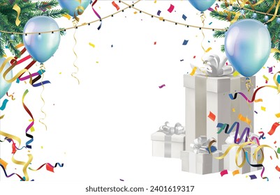 Fondo de vacaciones con caja de regalo, globos y confeti. Ilustración vectorial.