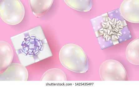 Holiday background with  gift boxes and balloons. Vector illustration.