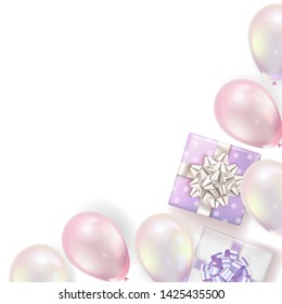 Holiday background with  gift boxes and balloons. Vector illustration.