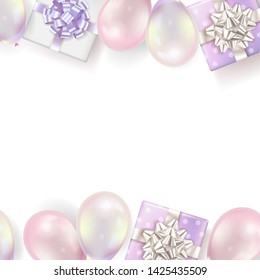 Holiday background with  gift boxes and balloons. Vector illustration.