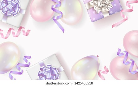 Holiday background with  gift boxes and balloons, confetti.  Vector illustration. Top view. 