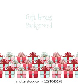 Holiday background with gift boxes, bows and ribbons. Lots of presents. Pink, red, white and turquoise color. Vector illustration.