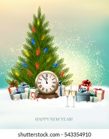 Holiday background with gift boxes, a clock and a Christmas tree. Vector.