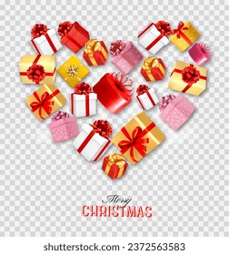 Holiday background with gift boxes collected in a heart shape. Gift giving concept. Vector illustration.