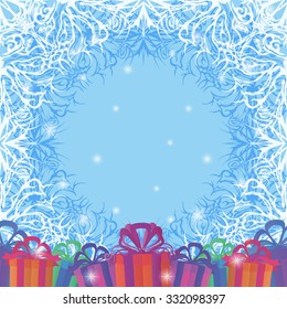 Holiday Background with Gift Color Boxes and Blue and White Pattern, Symbolizing the Sky with Snow and Stars. Eps10, Contains Transparencies. Vector