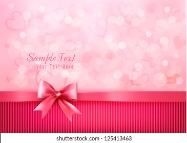 Holiday background with gift pink bow and ribbon. Valentines Day. Vector