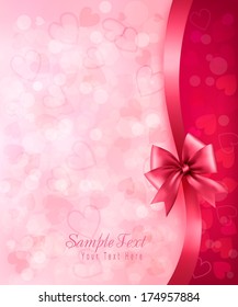 Holiday background with gift pink bow and ribbon. Valentines Day. Vector 