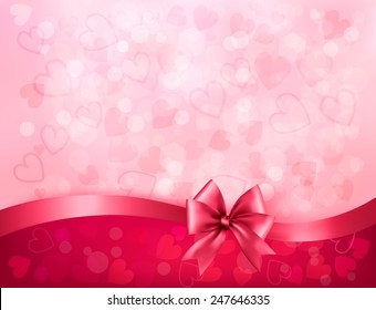 Holiday background with gift pink bow and ribbon. Valentines Day. Vector