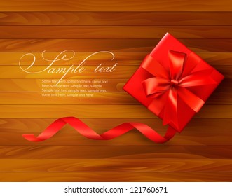 Holiday background with gift red box and red ribbon. Vector illustration.