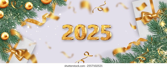 Holiday background with glittering golden 2025 numerals between pine branches. Festive Noel frame decorated with wrapped presents, metallic baubles and ribbon streamers. New Year celebration banner.