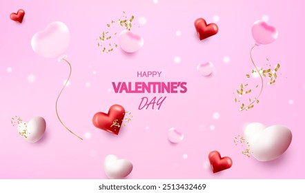 Holiday background with glossy hearts and balloons. Vector happy valentine's day illustration. Love banner design.
