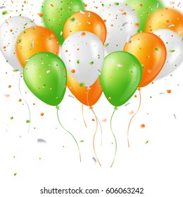 Holiday background with glossy three colors balloons and confetti. Elements with blur effect. Vector illustration.