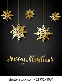 Holiday Background with gold paper snow flakes on black winter backdrop. Vector illustration. Merry Christmas, New Year Card Design