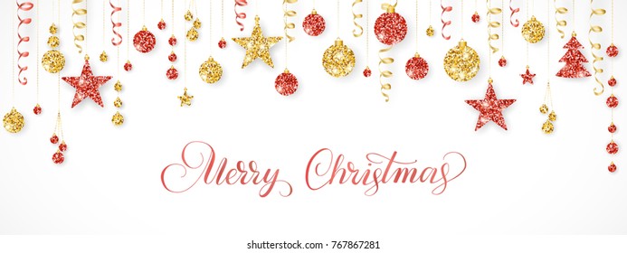 Holiday background. Gold and red Christmas garland. Glitter ornaments on white. Hanging ribbons, balls, stars, tree. Merry Christmas calligraphy. For New Year gift tags, party banners.