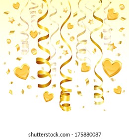Holiday Background with Gold Streamer, Hearts, Stars, Coins and Confetti, vector illustration