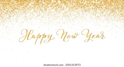 Holiday background. Golden glitter lights isolated on white. Happy New Year calligraphy text. For Christmas Sale banners, winter season party posters, invitations. Luxury frame, border. Vector.