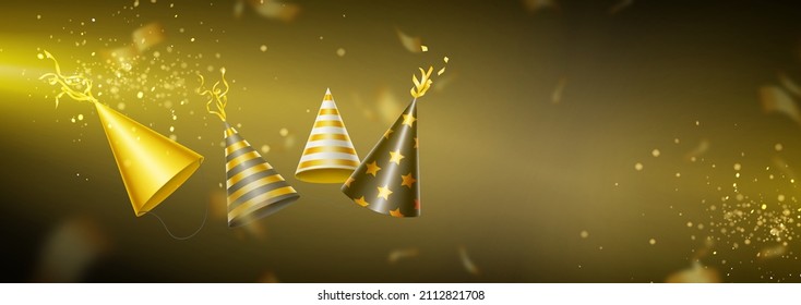 Holiday background with golden party hats with stripes and stars pattern and confetti. Vector realistic illustration with cone head caps with gold ribbons for birthday, christmas, festive celebration