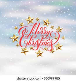 holiday background with golden stars and handwritten lettering calligraphic inscription merry christmas, vector illustration eps10