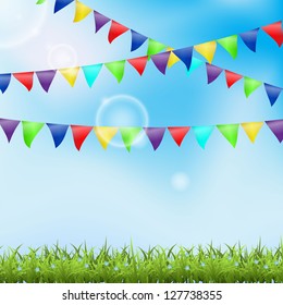 Holiday background with grass and pennant. Vector illustration.