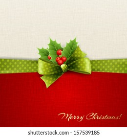 Holiday background with green polka dots ribbon and bow