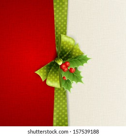 Holiday background with green polka dots ribbon and bow